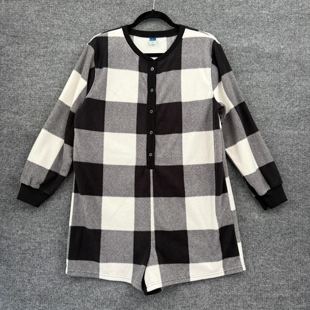Old Navy Womens Fleece Romper Pajama Pants Sz M Black White Buffalo Plaid Henley